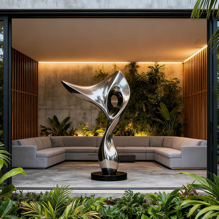 Mirror-polished stainless steel abstract sculpture, modern curved design for indoor living room décor.