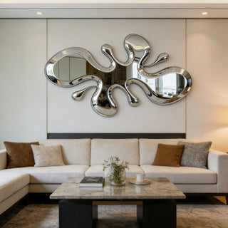 Modern stainless steel liquid wall sculpture with mirror finish for contemporary interior