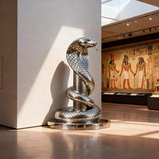 Polished stainless steel Egyptian snake sculpture design for museum and cultural interior décor.