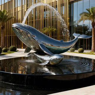 Mirror polished stainless steel whale fountain sculpture VSS-37 for commercial plazas, modern yards