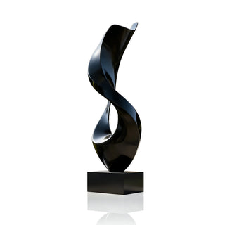 Custom black abstract stainless steel sculptures for indoor lobbies, outdoor gardens, and public art projects.