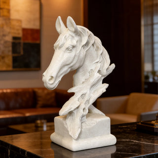 Modern white marble horse head sculpture with abstract equine design for luxury interiors