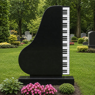 Piano keyboard headstone with contrasting black and white keys on a polished black marble cemetery memorial