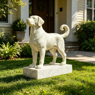 Natural marble memorial dog statue, showcasing hand-carved craftsmanship for garden.