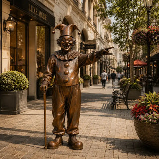 Bronze clown sculpture used as public art in themed commercial street, pedestrian street and plaza