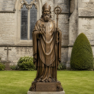 Handcrafted bronze Saint Patrick statue displayed as a religious centerpiece in a Catholic churches.