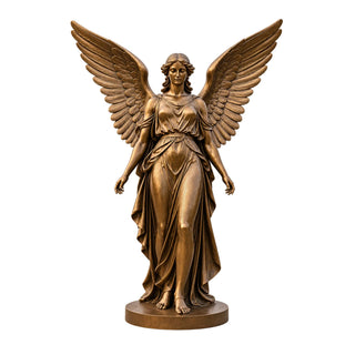 Classical bronze angel sculpture with open wings displayed as a peaceful decorative centerpiece in a memorial garden
