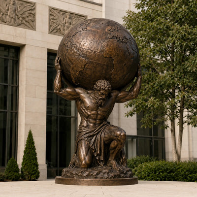 Large bronze atlas sculpture inspired by classical mythology for luxury garden and villa design.