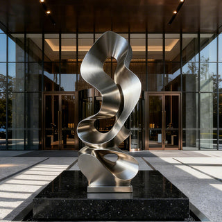 Contemporary curved stainless steel abstract sculpture installed in a landscaped garden as luxury outdoor metal artwork