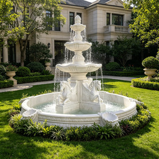 Three-tier white marble garden fountain with horse sculptures for luxury outdoor garden decor
