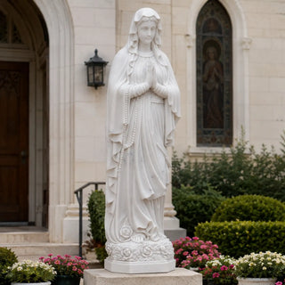 Hand-carved marble Our Lady of Fatima statue with rosary for Catholic churches, Marian shrines, and prayer gardens