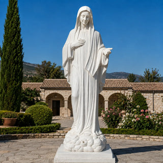 Hand-carved white marble Virgin Mary statue inspired by Our Lady of Medjugorje for catholic church and spiritual gardens
