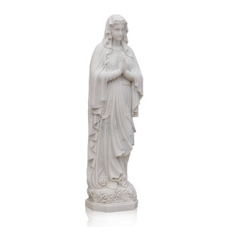 Hand-carved marble Our Lady of Fatima statue with rosary for Catholic churches, Marian shrines, and prayer gardens