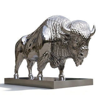 Outdoor metal buffalo statue in polished stainless steel for luxury garden and estate landscape design