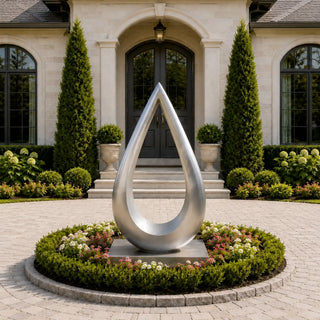 Hollow stainless steel teardrop sculpture with a satin silver finish for landscaped outdoor spaces.