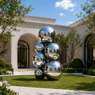 The polished stainless steel stacked-sphere sculpture showcasing reflective mirror finish VSS-28