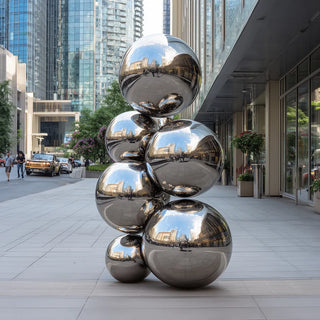 The polished stainless steel stacked-sphere sculpture showcasing reflective mirror finish VSS-28