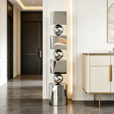 Polished stainless steel abstract geometric sculpture with stacked cubes and spheres for modern living room