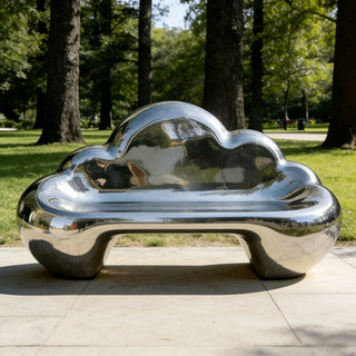 VICTORY Polished stainless steel cloud bench sculpture for modern outdoor seating and public art