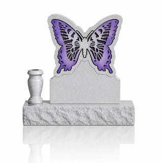 Purple butterfly granite cemetery memorial with colored wings and an upright personalized headstone design