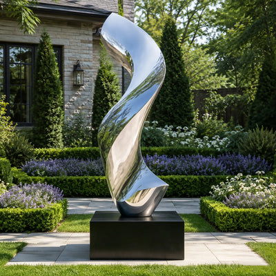 Large spiral sculpture in polished stainless steel for corporate office lobby and modern commercial interior art