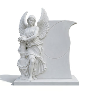 Religious angel headstone carved from natural marble for Christian cemetery and memorial garden installations.