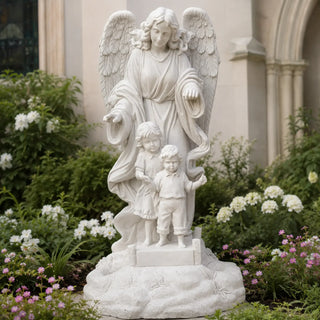 Hand carved marble guardian angel statue with children for church and garden decor.