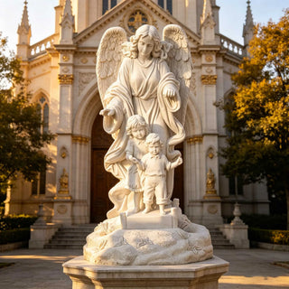 Hand carved marble guardian angel statue with children for church and garden decor.