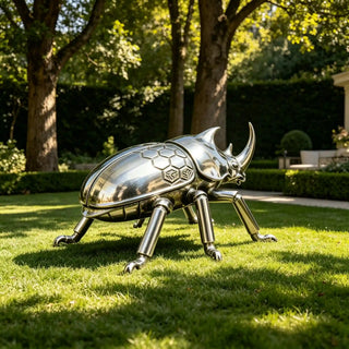 Metal insect art stainless steel sculpture, rhinoceros beetle design for modern outdoor spaces.