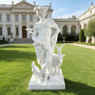 White marble Hermes statue with goat and rooster in classical Greek mythology style for garden