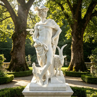 White marble Hermes statue with goat and rooster in classical Greek mythology style for garden