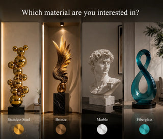 Sculpture material options including stainless steel, bronze, marble, and fiberglass