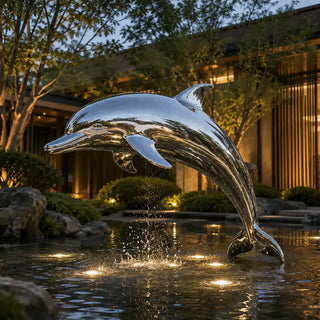 Stainless steel dolphin statue reflecting sunlight, ideal for gardens, resorts and contemporary landscape