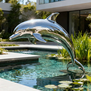 Stainless steel dolphin statue reflecting sunlight, ideal for gardens, resorts and contemporary landscape
