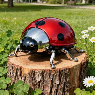 Modern stainless steel ladybug sculpture, designed for home décor, garden display, and outdoor spaces.