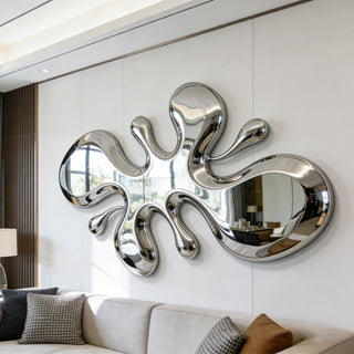 Modern stainless steel liquid wall sculpture with mirror finish for contemporary interior