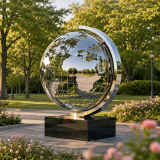 Stainless steel mirror globe sculpture with reflective surface for public art spaces VSS-73