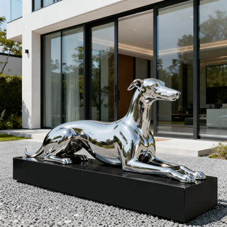 Stainless steel dog sculpture for modern art décor, perfect for home interiors and commercial spaces.