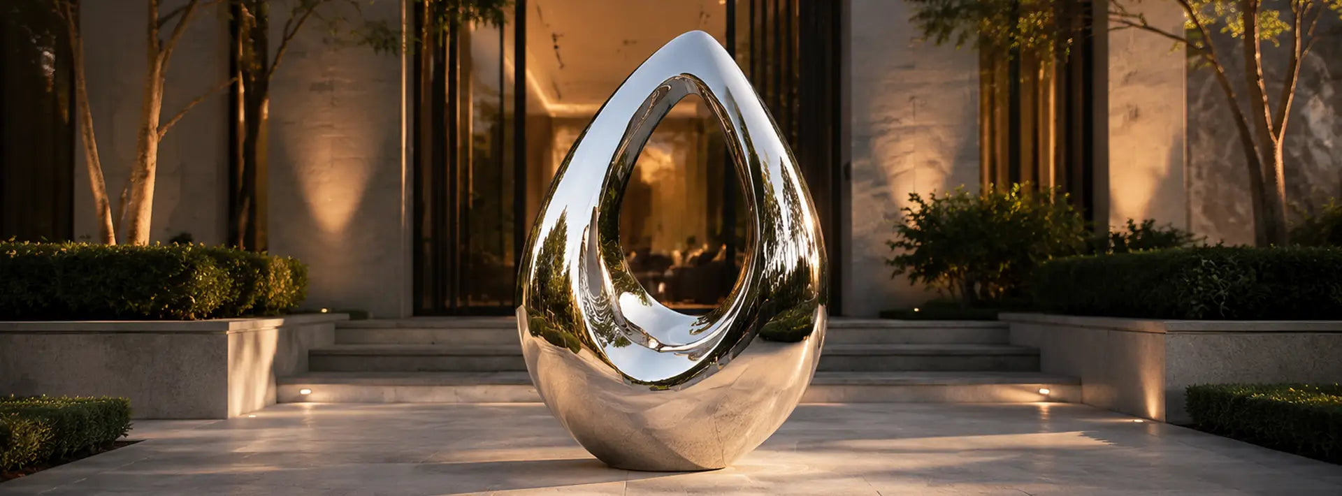 Large polished stainless steel water drop sculpture, modern abstract outdoor art decor for hotel, villa, and plaza.