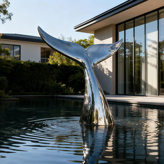 Weather-resistant metal whale tail sculpture for modern yards, pool areas, and outdoor art displays.