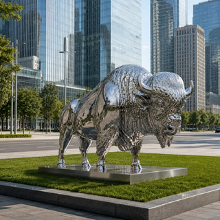 Large stainless steel bison sculpture for ranch entrance estate landscape and Western outdoor setting