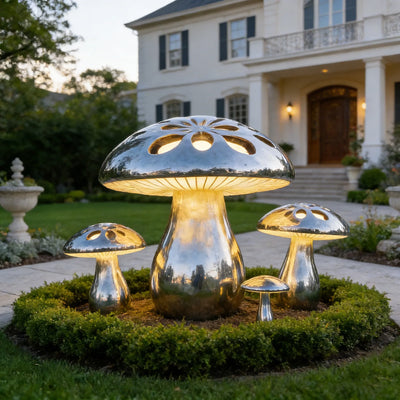 Stainless steel mushroom light sculpture with LED illumination for modern garden decor