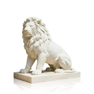 Handcrafted marble lying lion statue by VICTORY, ideal for gardens and estate entrances.