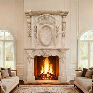 VICTORY VSM-33 beige marble fireplace handcrafted European luxury mantel for opulent interiors