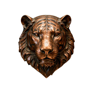 bronze tiger head wall art displayed in a luxury home or commercial space as bold wildlife metal decor