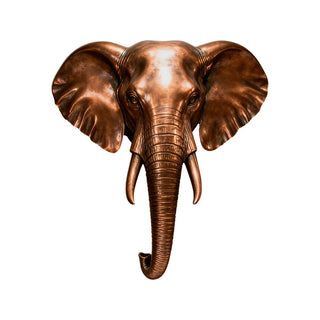 bronze elephant head wall hanging, for a luxury home or commercial interior setting as elegant metal animal decor