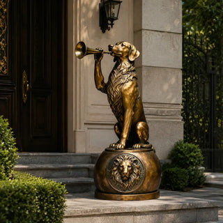 Bronze dog memorial sculpture displayed in a commercial space, home interior decor or office.