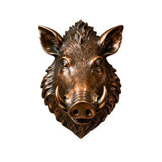 bronze wild boar head wall sculpture displayed in luxury interior wall setting as bold artistic animal decor