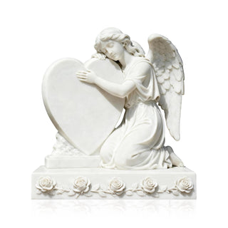 VICTORY Kneeling Angel Tombstone, a hand-carved marble memorial statue in a cemetery.