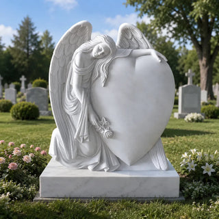 Marble angel memorial headstone statue with heart, hand-carved gravestone monument for Cemetery.